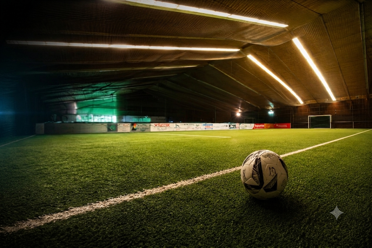 Indoor-Soccer-Halle der Bergischen Sportarena mit Kunstrasen und Flutlicht